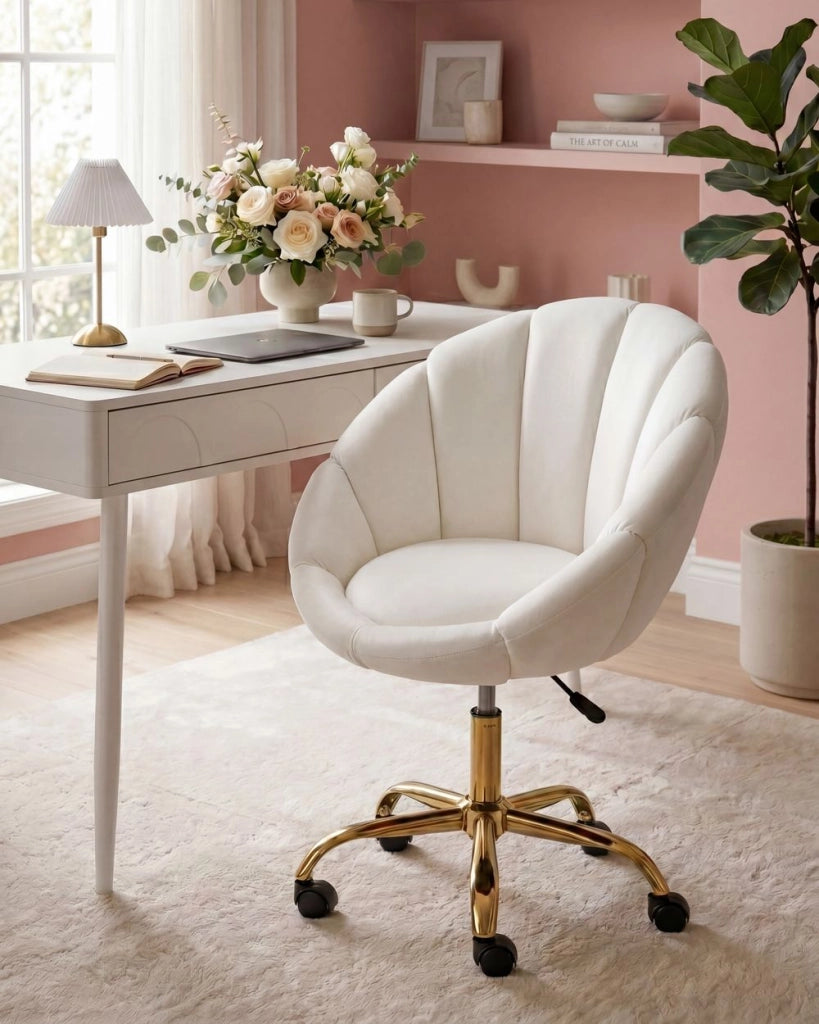 Sedia girevole da ufficio in velluto bianco sporco con base a stella altezza regolabile design moderno per l'ufficio domestico