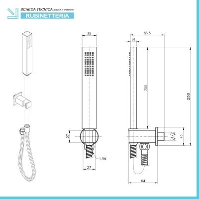 Kit doccia quadrato ottone cromo flex PVC + soffione 20x20 cm + braccio 30 cm