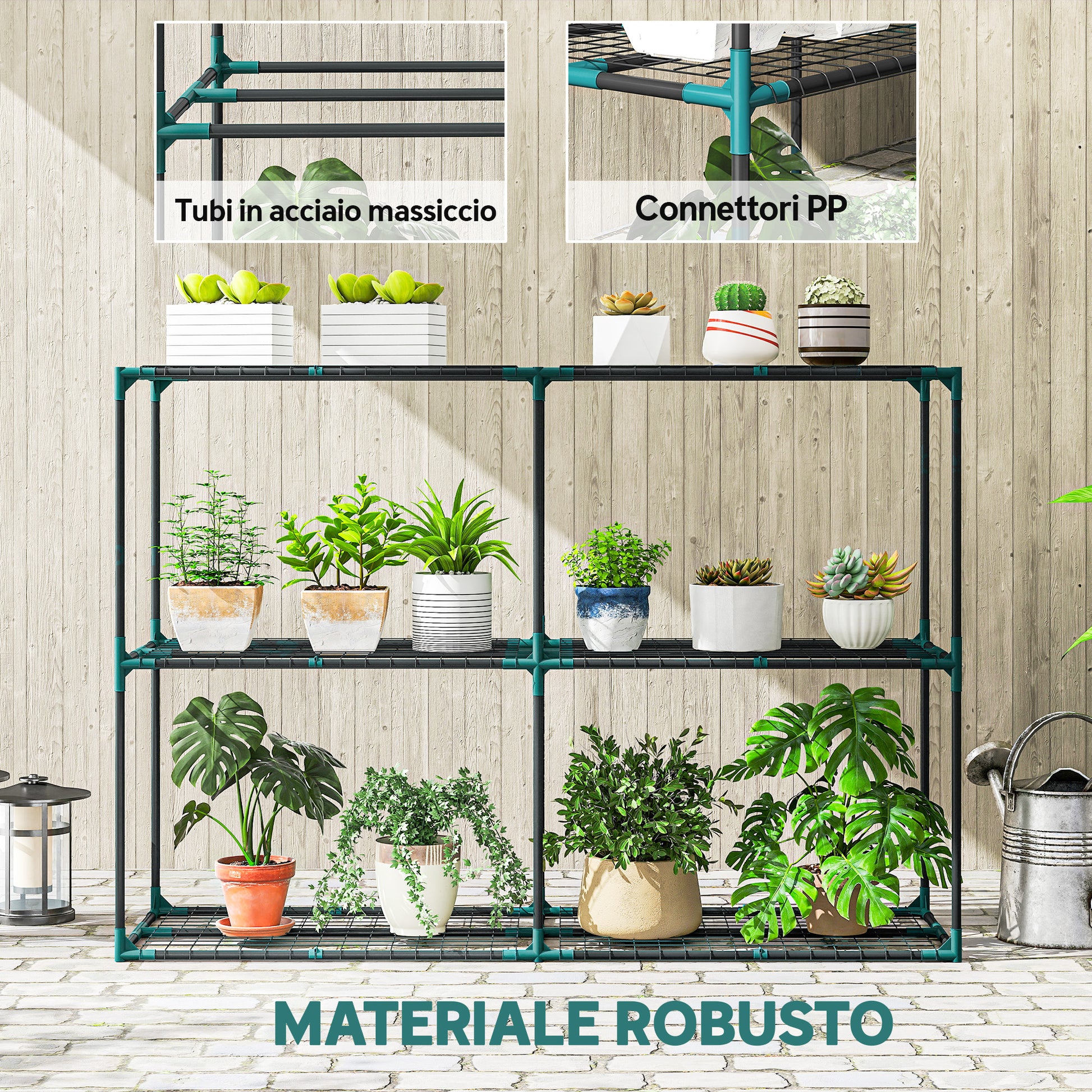 Portapiante a 3 Livelli Aperti 143x48x100 cm in Acciaio e Plastica Verde Scuro