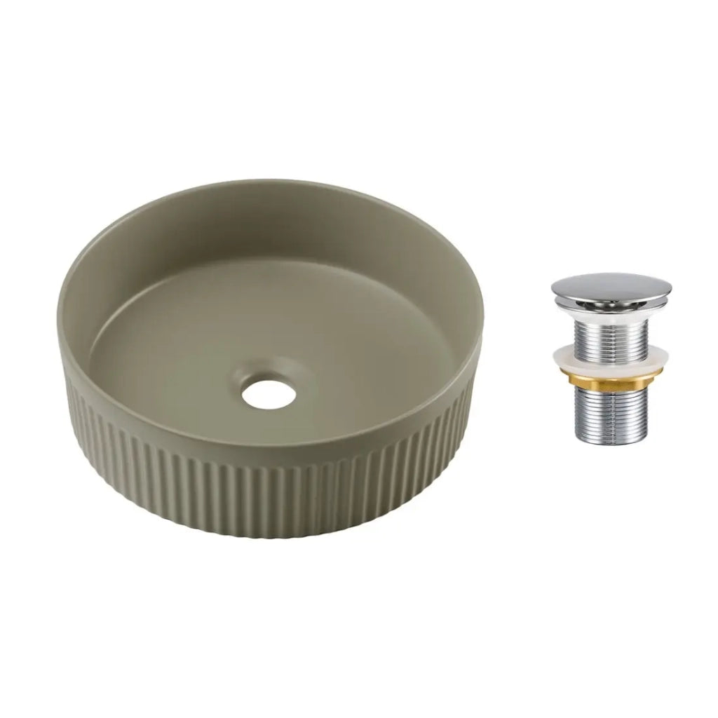 Lavabo da appoggio rotondo 36 cm verde oliva opaco in ceramica con rilievo decorativo e piletta click-clack