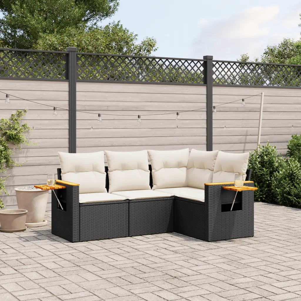 Set Divani da Giardino 4 pz | Set Salotto da Giardino con Cuscini Nero in Polyrattan
