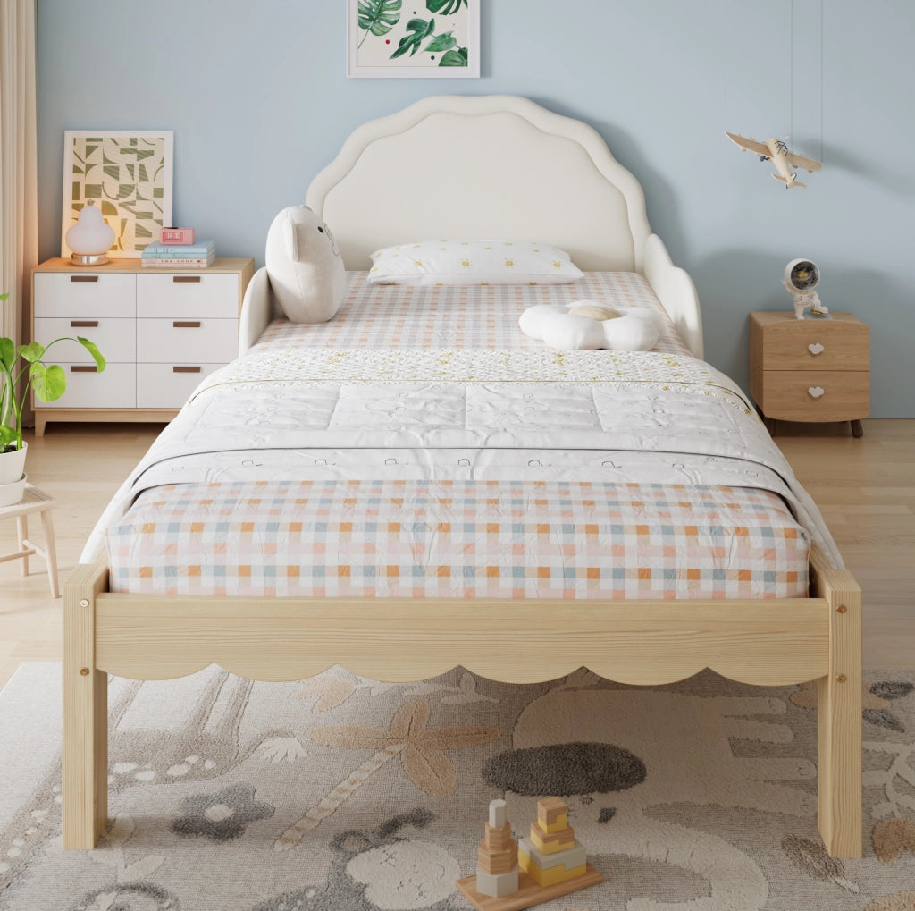 Letto imbottito per bambini 90x200 cm beige, struttura in legno con sponde laterali