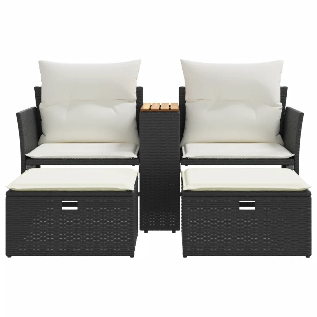 Divano da Giardino 2 Posti con Sgabelli Nero in Polyrattan 365803