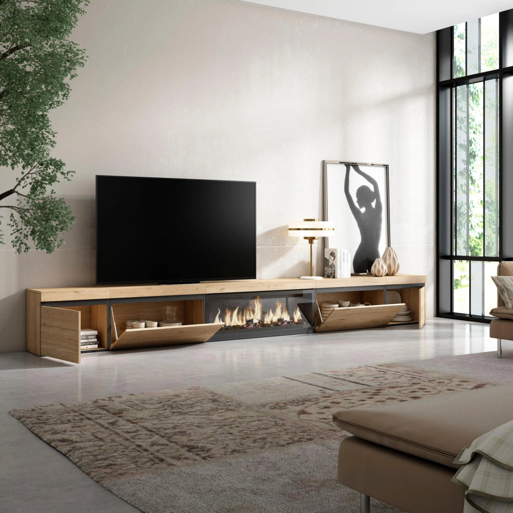 Mobile TV Soggiorno, 368x35x45, Camino elettrico XXL, colore Rovere RF3692