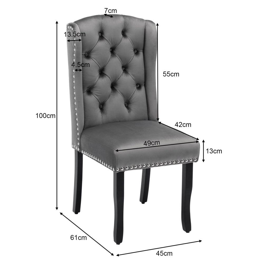 Set di 2 sedie da pranzo in velluto grigio con gambe in legno di quercia, stile moderno