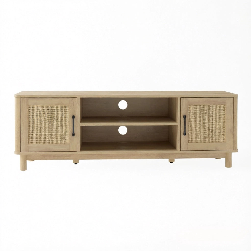 Mobile porta TV con vani aperti e ante laterali in truciolato rattan e pino per soggiorno rovere 135 × 39 × 45 cm