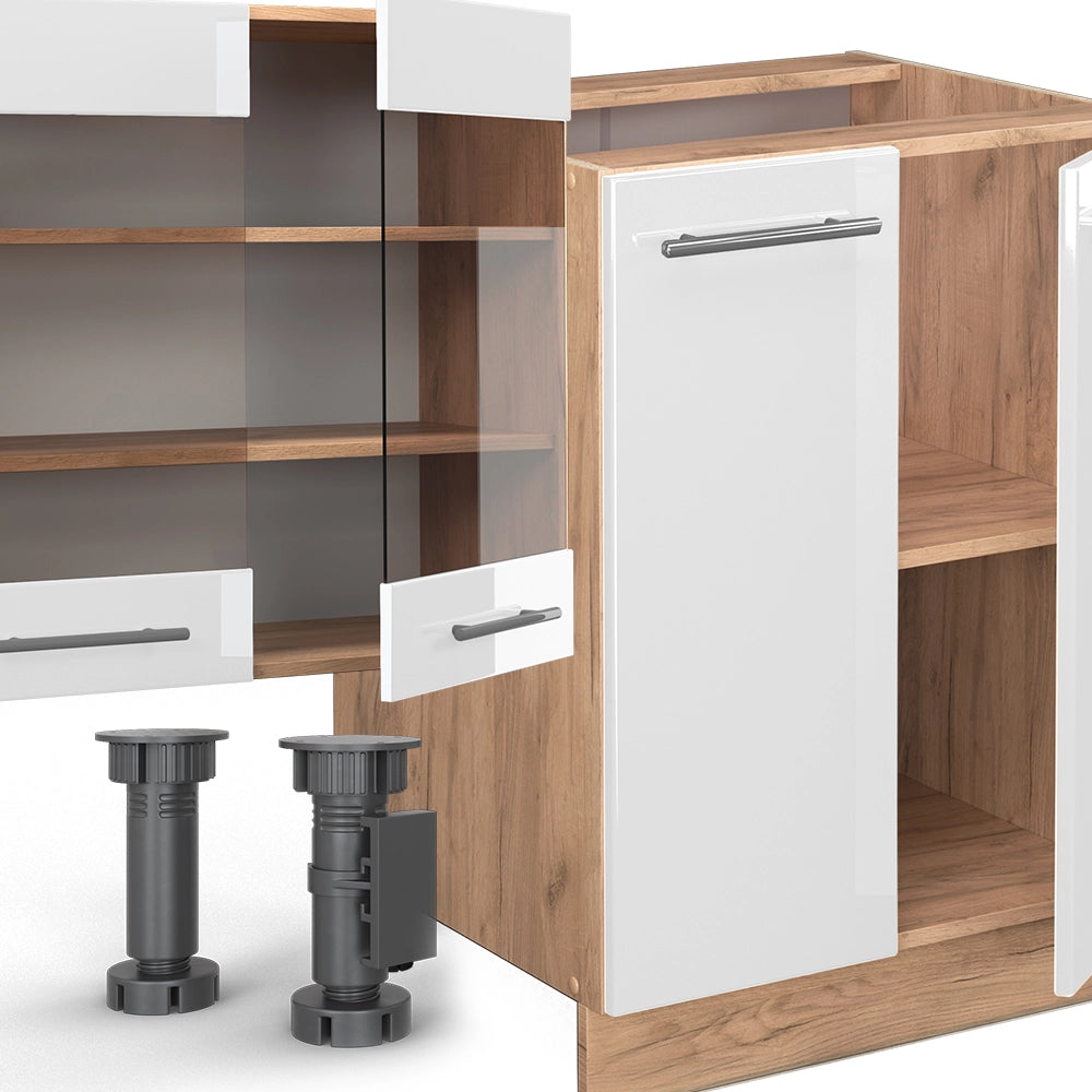 Cucina componibile Fame-Line Bianco lucido/Rovere dorato 300 cm con armadio alto, PL Marmo Vicco