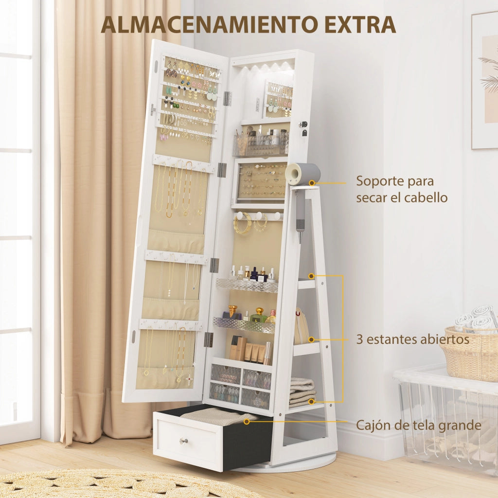 Armadio Joyero con Luci LED e Specchio Giratorio ¨C zephmum ¨C Bianco 90x51x200