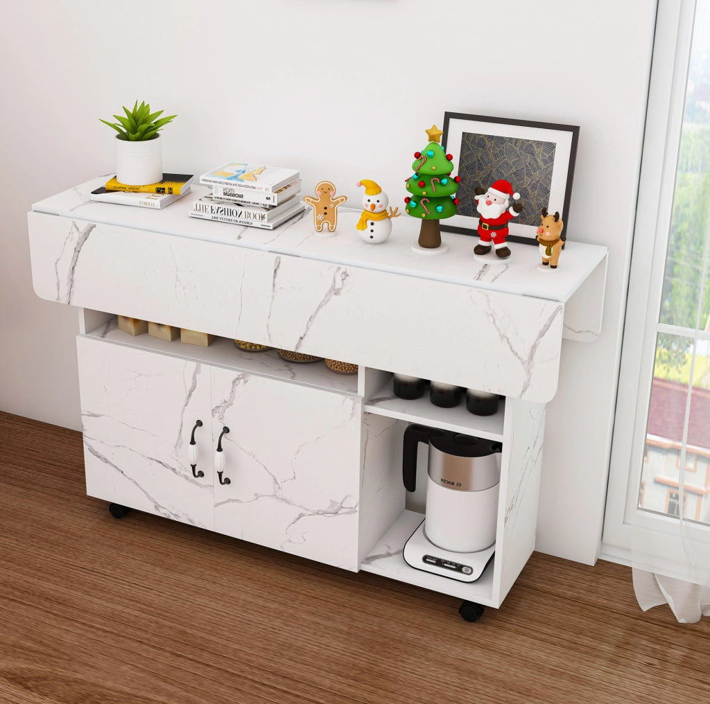 Tavolo pieghevole mobile 3 in 1 110x70x80 cm in MDF bianco con 5 ruote e vani portaoggetti