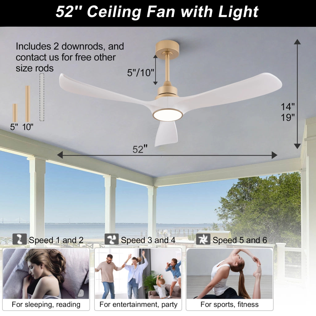 Ventilatore da soffitto 52 pollici con luce, telecomando, 3 pale ABS, bianco e oro