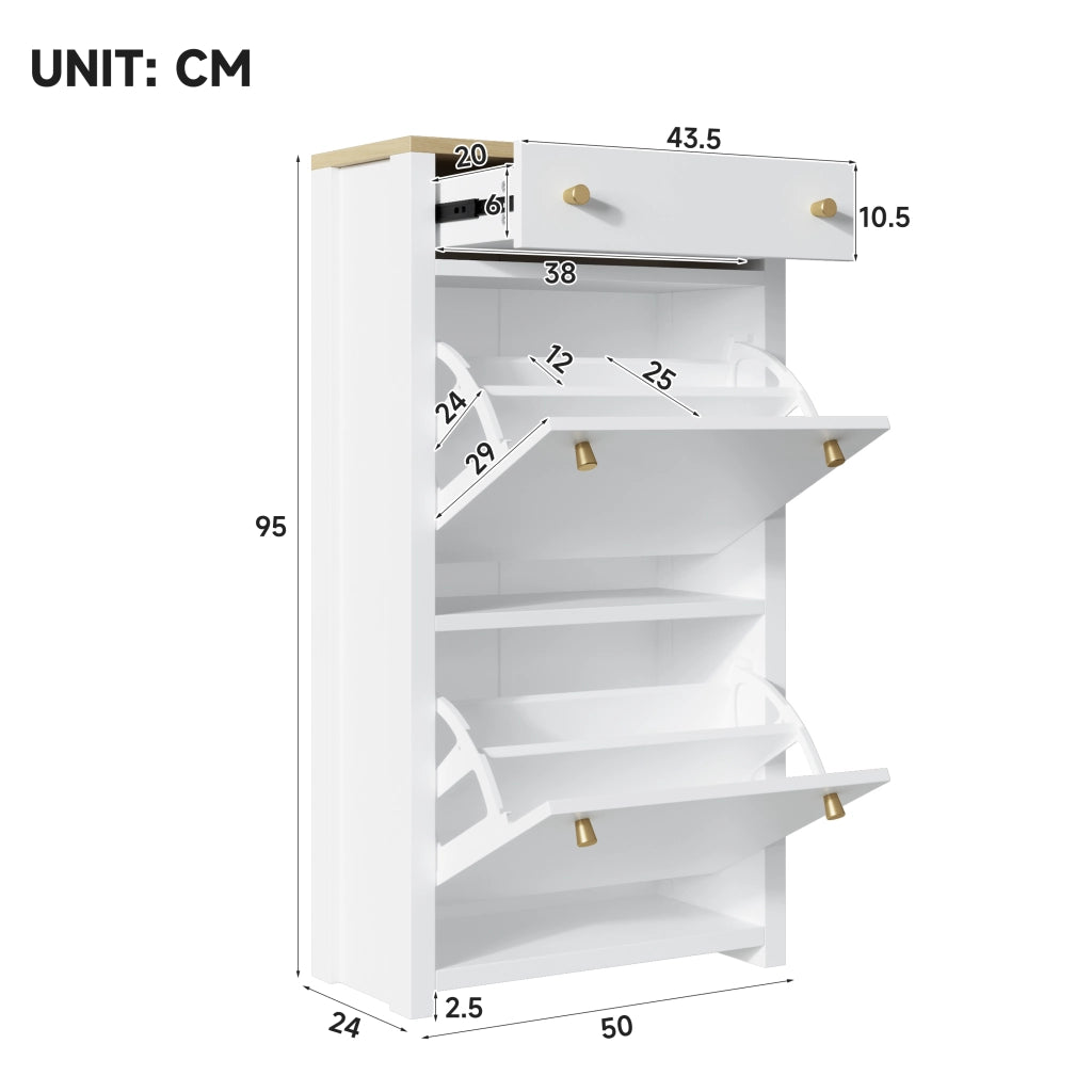 Scarpiera slim con 2 ante a ribalta, cassetto e ripiani regolabili, per ingresso, in MDF, bianco effetto legno, 50 × 25 × 95 cm