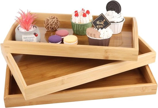 Set di 3 Scatole da Servire in Bambù con Maniglie, Scatole da Cucina rettangolari ampie, Set di 3 Scatole da Servire, Legno, Scatola da Colazione, Scatola in Legno per la Colazione, Tavola da Stiro, Bevande, Naturale.