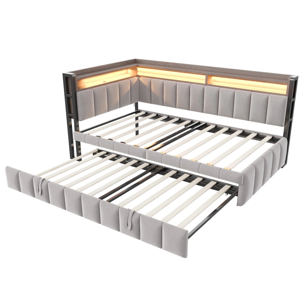 Divano letto 90x200 cm estraibile con LED, USB e USB-C in velluto grigio chiaro