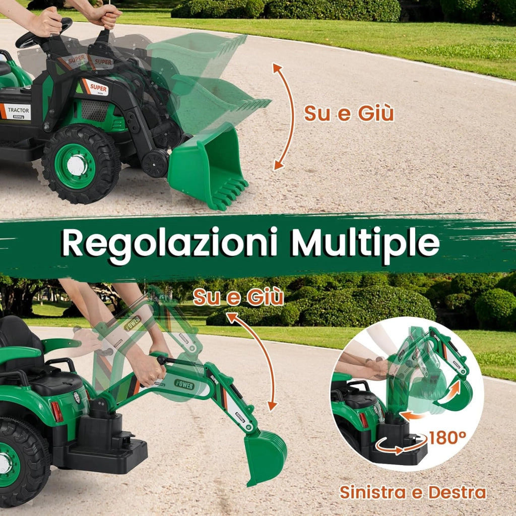 4 in 1 Trattore Elettrico per Bambini, Trattore Cavalcabile per Bambini 3-8 Anni con Telecomando Rimorchio e Cucchiaia Staccabile, Velocità Regolabile, Doppi Motori (Verde)
