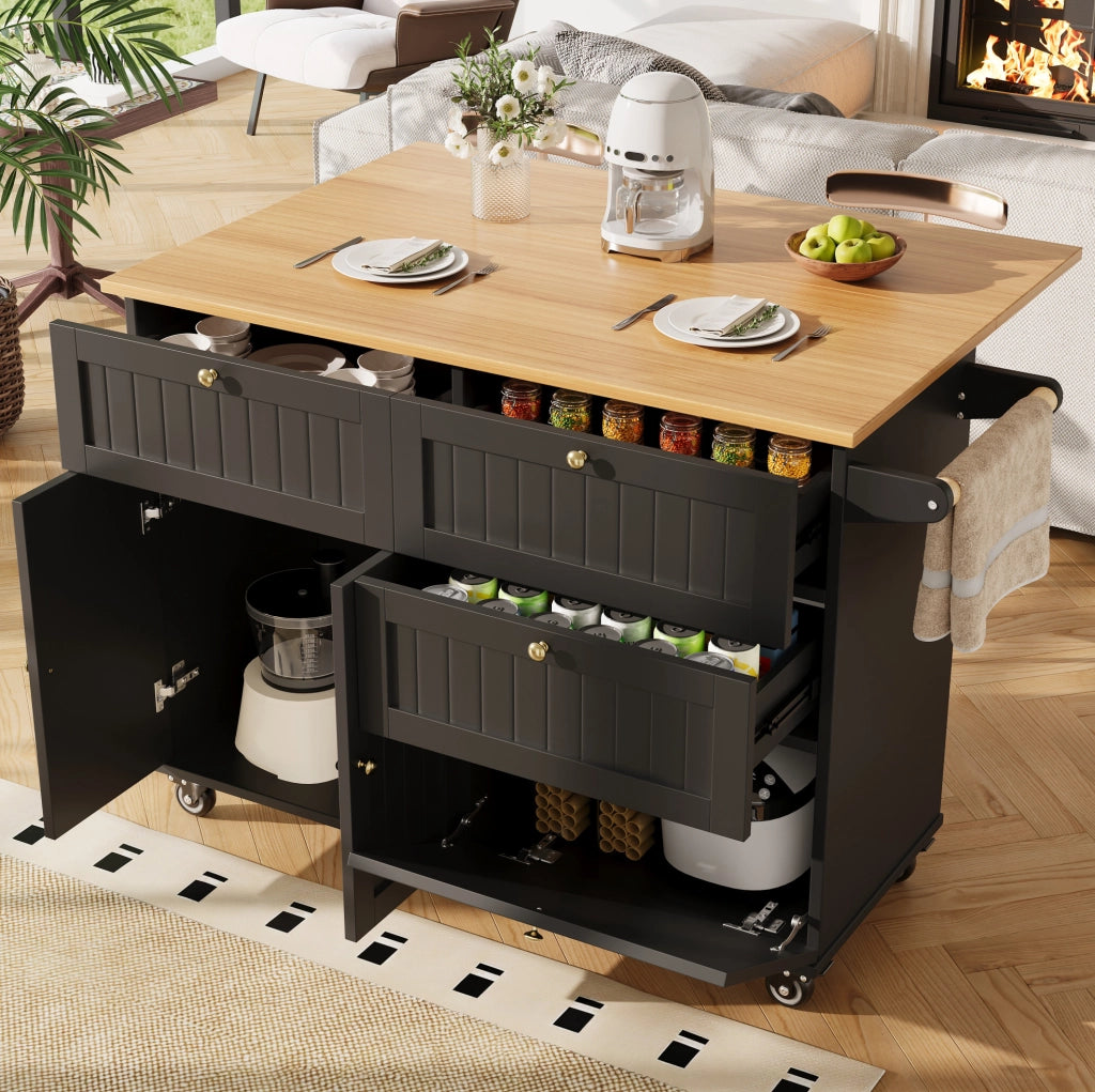 Isola da cucina mobile pieghevole in MDF nero con ruote