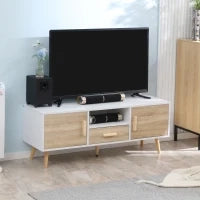 Mobile TV Basso per TV max 46" con Ripiano Aperto, Cassetto e 2 Armadietti, in Truciolato e Pino, 140x40x55.3 cm