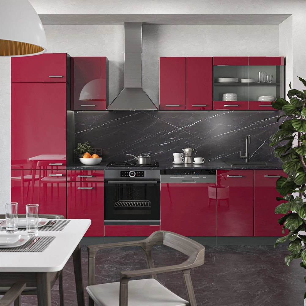 Cucina componibile R-Line Rosso lucido/Antracite 300 cm senza piano di lavoro Vicco