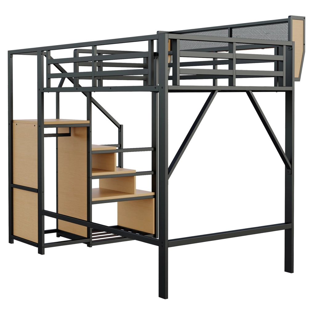 Letto a soppalco 140x200 cm in metallo e MDF con scala di sicurezza; nero