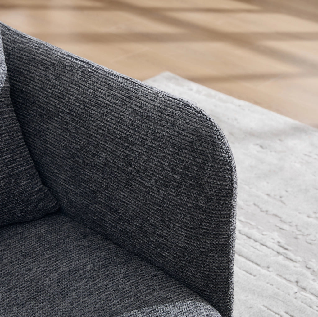 Poltrona da relax in chenille grigio scuro con tavolino laterale e tasche portaoggetti; 86x72x71 cm