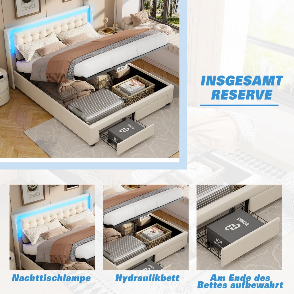 Letto imbottito beige con cassetto contenitore e luce LED; 200x140x42 cm