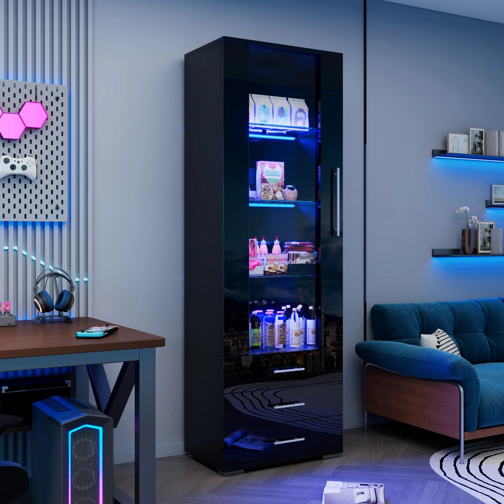 Vetrina verticale con illuminazione LED e 3 cassetti 60x35x180 cm in MDF nero