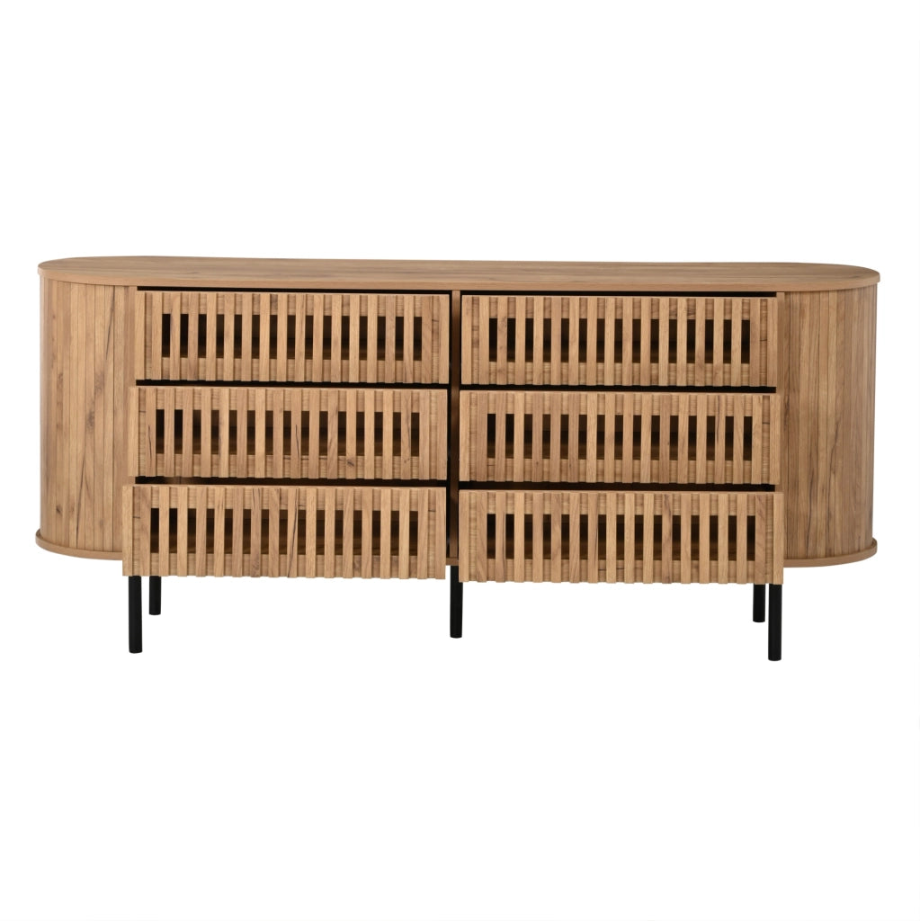 Credenza 160x40x70 cm con 6 cassetti; MDF e gambe in metallo; colore naturale