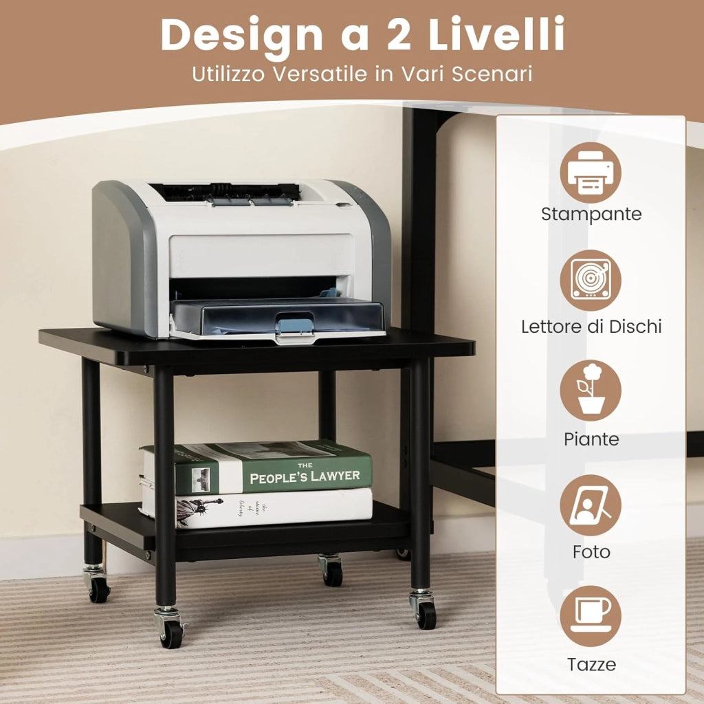 Supporto per Stampante, Carrello Stampante con Ruote Girevoli a 360⁰, Design Rimovibile, Superficie Ampia e Liscia, di Legno e Acciaio, 49 x 40 x 37 cm (Nero)
