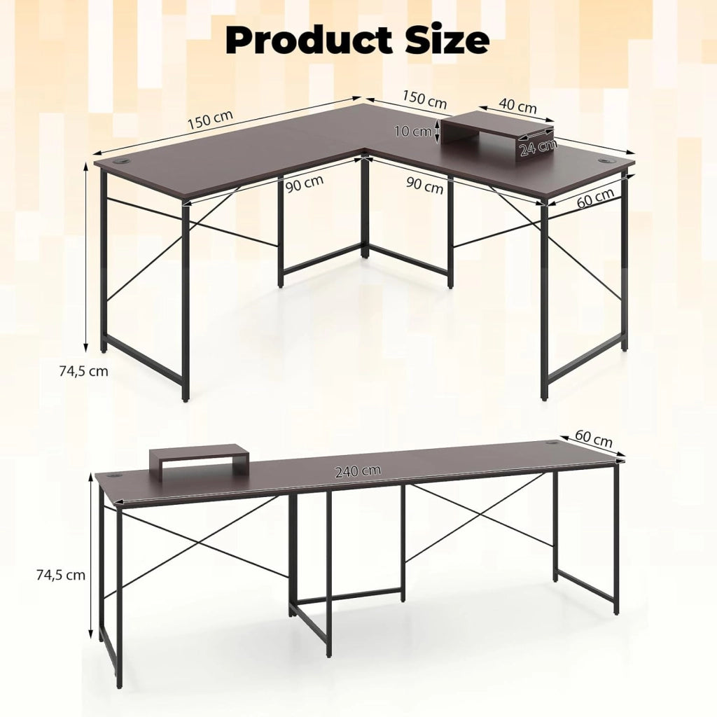 Scrivania per computer a forma di L, scrivania ad angolo convertibile con passacavi e supporto per monitor, 150 x 150 x 74,5 cm, tavolo da lavoro per ufficio, camera da letto (marrone, senza