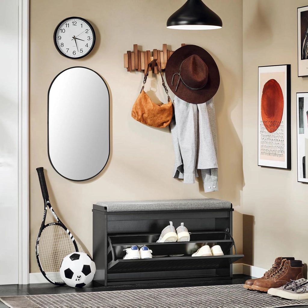 Panca Scarpiera da Ingresso - Scarpiera Salvaspazio Slim in Legno, Panca Contenitore per 6-8 Paia di Scarpe, 155kg di Carico, Nero, 80x26x45cm, FSR98-L-SCH