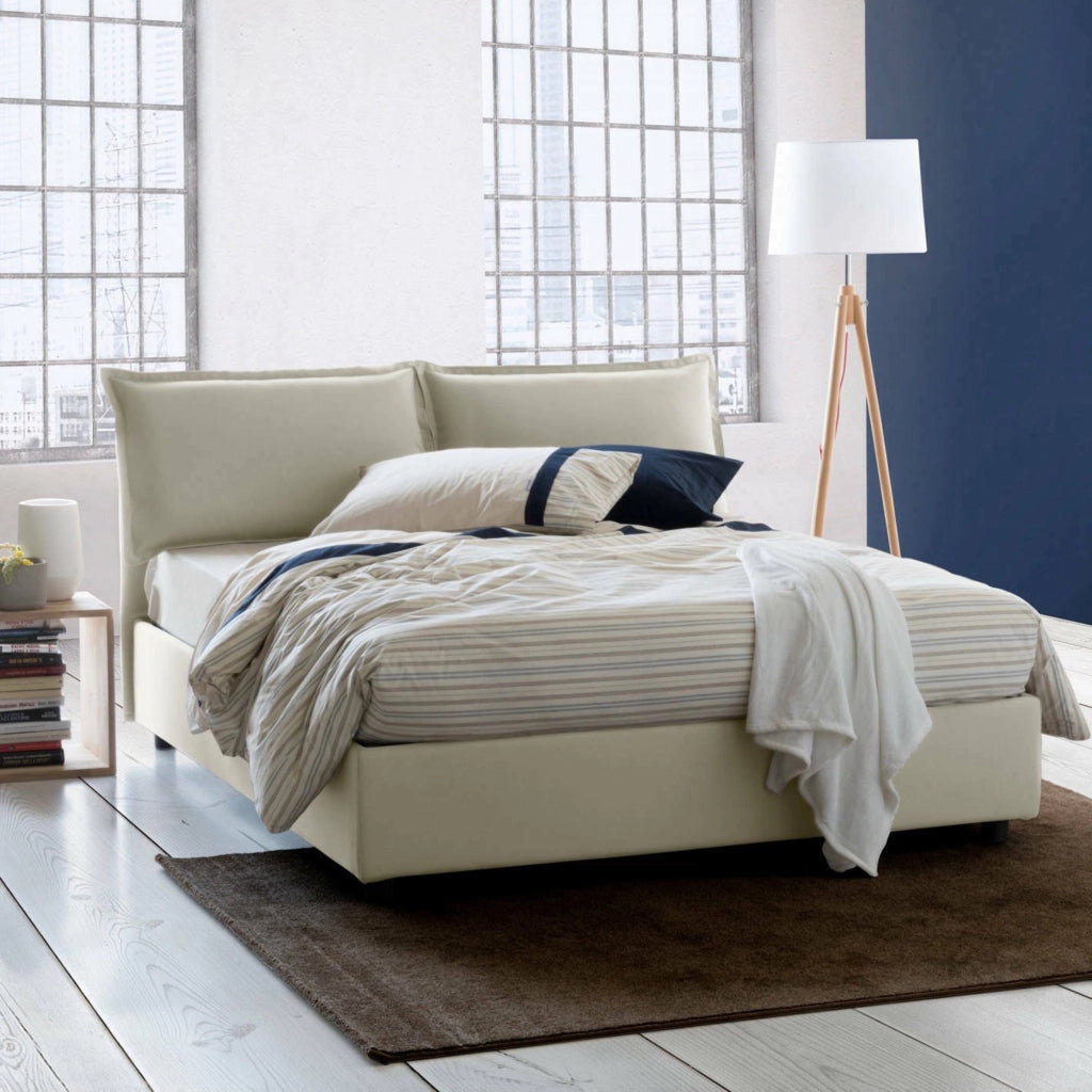 Letto matrimoniale Arden, Letto contenitore con rivestimento in tessuto, Made in Italy, Apertura frontale, con materasso cm 140x190 incluso, Beige
