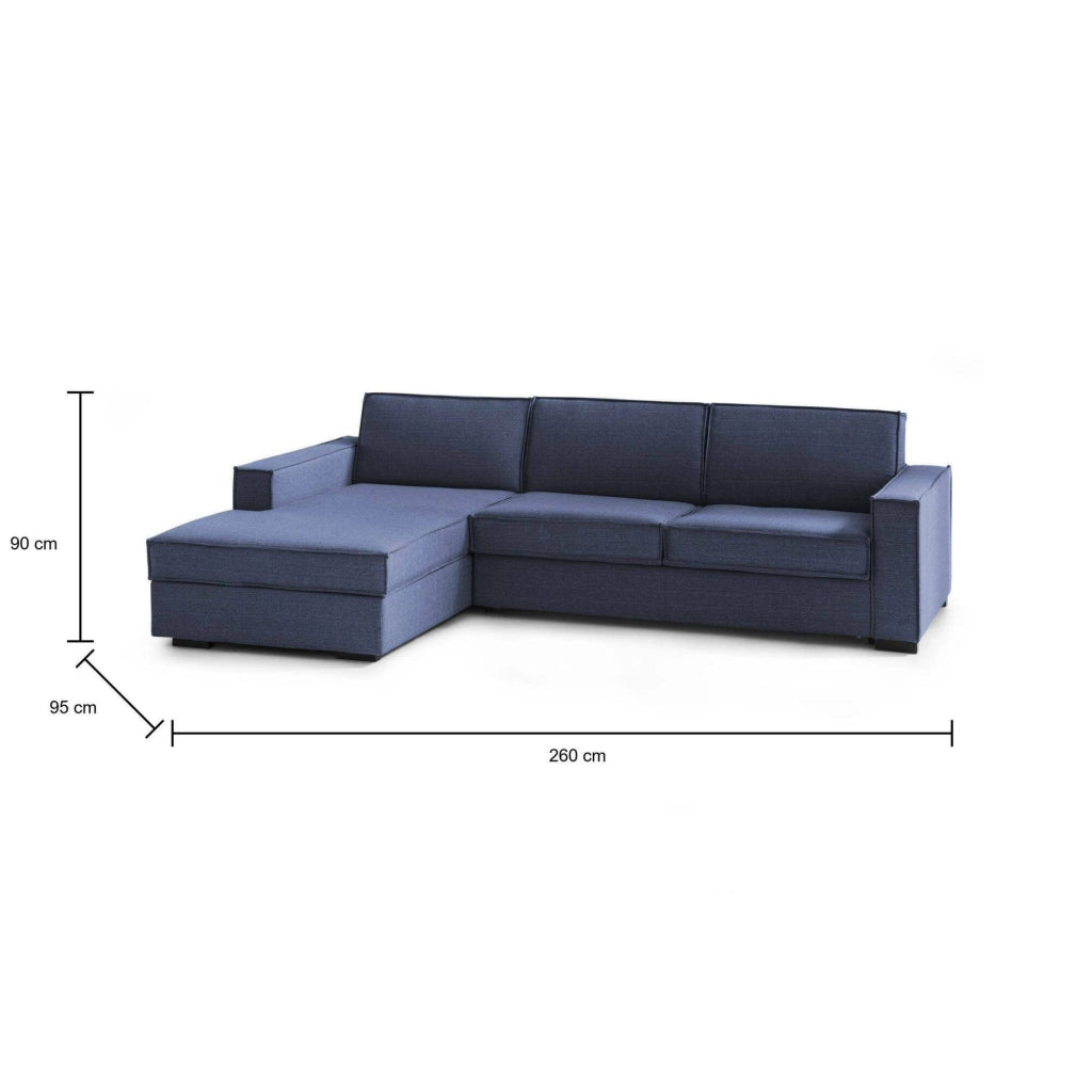 Albenga, Divano Letto con Penisola Sfoderabile Made in Italy, 260x95 cm blu