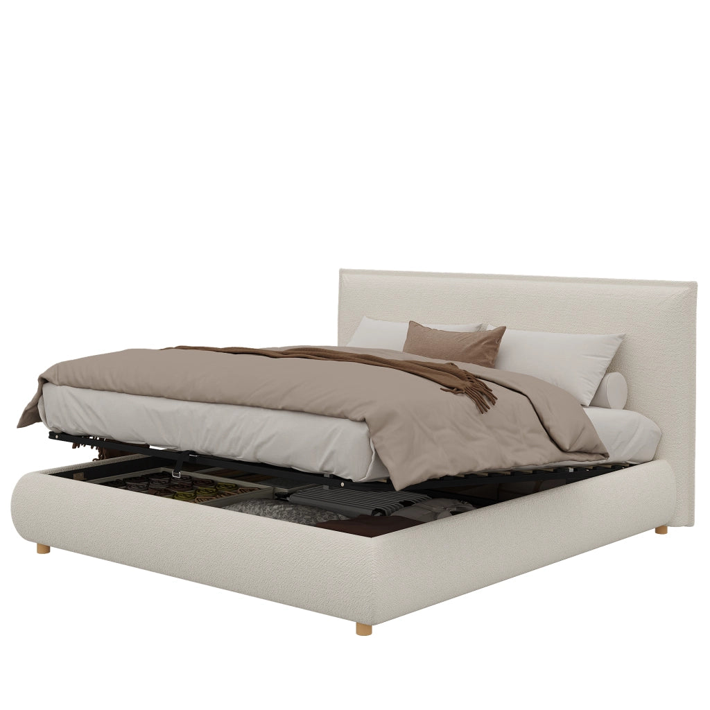 Letto Imbottito Matrimoniale Contenitore ¨C MINIMAL ¨C Idraulico, Testiera, Legno Massello, Bianco, 180x200