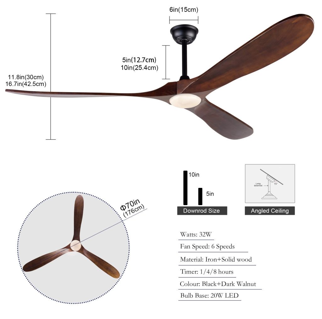 Ventilatore a soffitto con luce LED 70" in legno massello Noce/Nero, telecomando