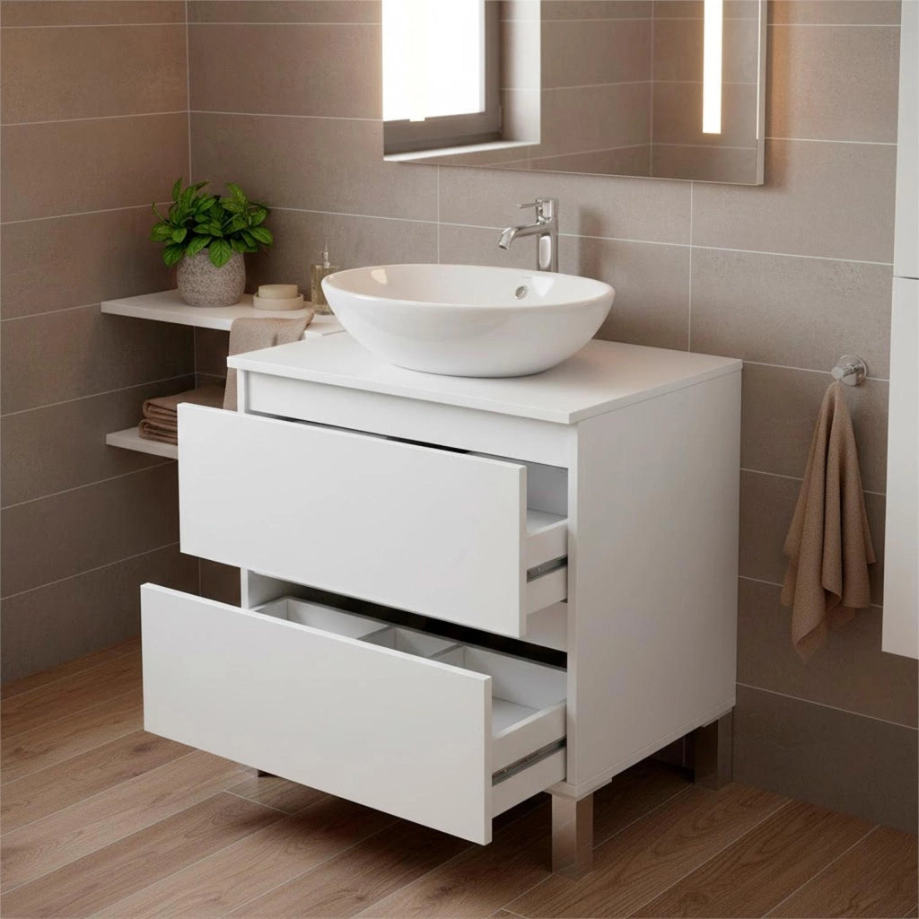 Mobile Bagno Con Lavabo Da Appoggio Due Cassetti Salvaspazio Guide In Metallo E Gambe In Alluminio Stile Moderno Minimal Per Lavanderia E Ripostiglio 63.5 x 60 x 40 Cm Bianco Lucido