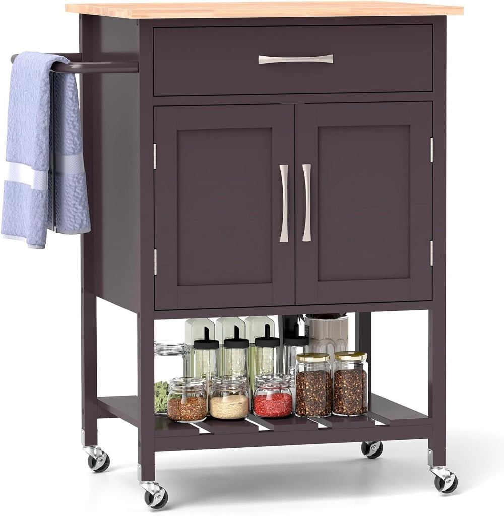 Carrello con Ruote, Carrello da Cucina con 1 Cassetto Grande, Armadio a 2 Ante, Porta Asciugamani, Ripiano Inferiore Aperto, Madia Mobile Dispensa, 73x50x90 cm, 3 Colori