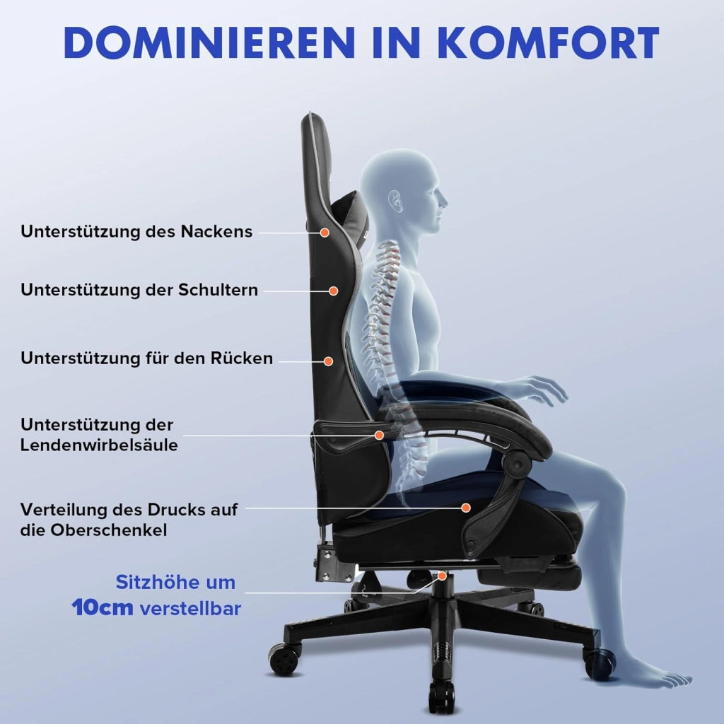 Sedia da gioco con poggiapiedi, ergonomica, con cuscino lombare regolabile, cuscino da gaming, sedia da gamer, altezza regolabile, portata 150 kg