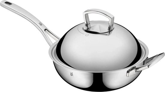 Piatto da wok 28 cm Costruzione a strati Resistente al forno Manico di legno freddo Resistente al lavastoviglie Adatto per induzione
