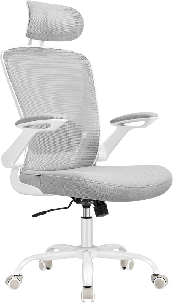 SONGMICS Sedia da Ufficio Girevole, Sedia di Rete da Computer Ergonomica, Supporto Lombare, Oscillante, Seduta 53 cm, Braccioli Pieghevoli, Bianco e Nero OBN37WT