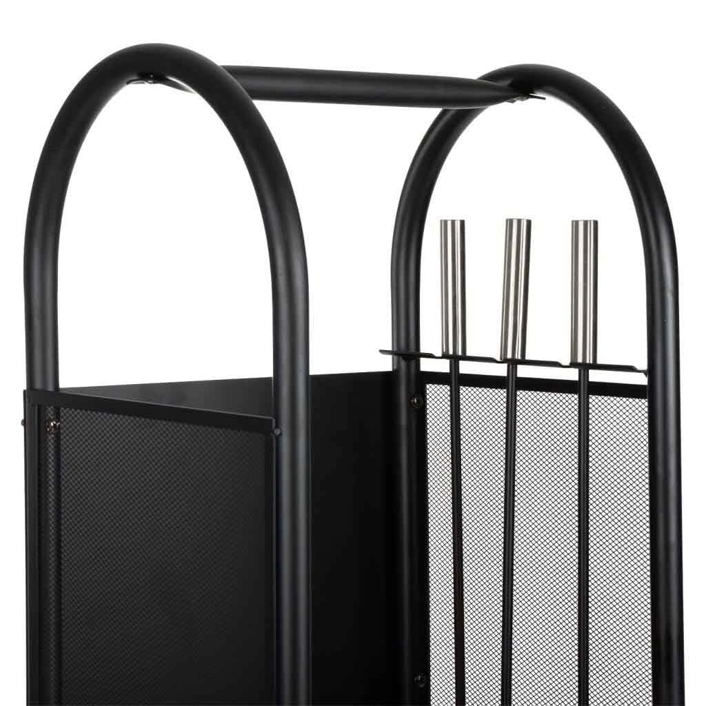 Portalegno in metallo con attrezzi da camino nero 35x32x81h