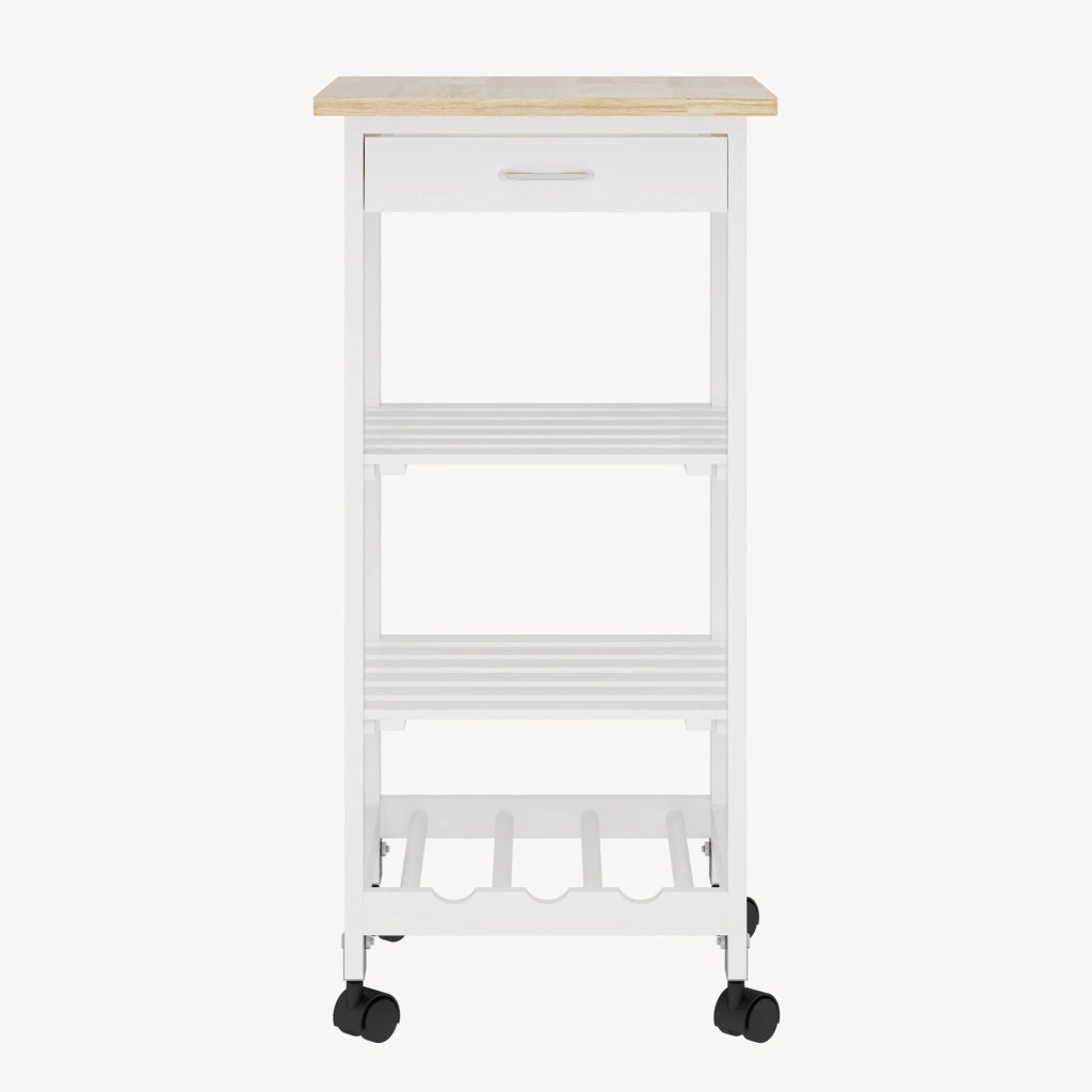 Carrello Portaoggetti Biel con Cassetto 3 Ripiani e Griglia Portabottiglie 76x37x37 cm - Bianco / Effetto Legno [en.casa]