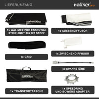 Essential Striplight Softbox 30x120cm, ruotabile a 360°, facile da montare, con griglia, adattatore Bowens e borsa per il trasporto, ideale per la fotografia di prodotti e persone