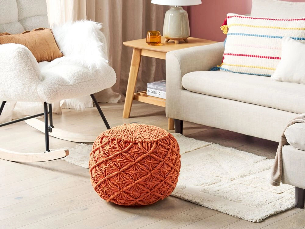 Pouf lavorato a maglia Poggiapiedi rotondo intrecciato all'uncinetto in cotone arancione