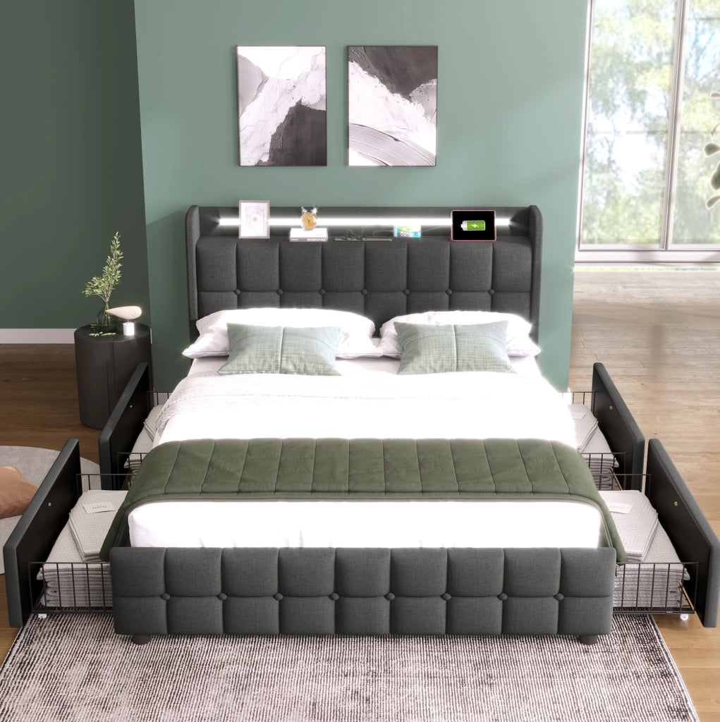 Letto matrimoniale 140x200 cm con LED; USB; 4 cassetti; struttura in metallo grigio