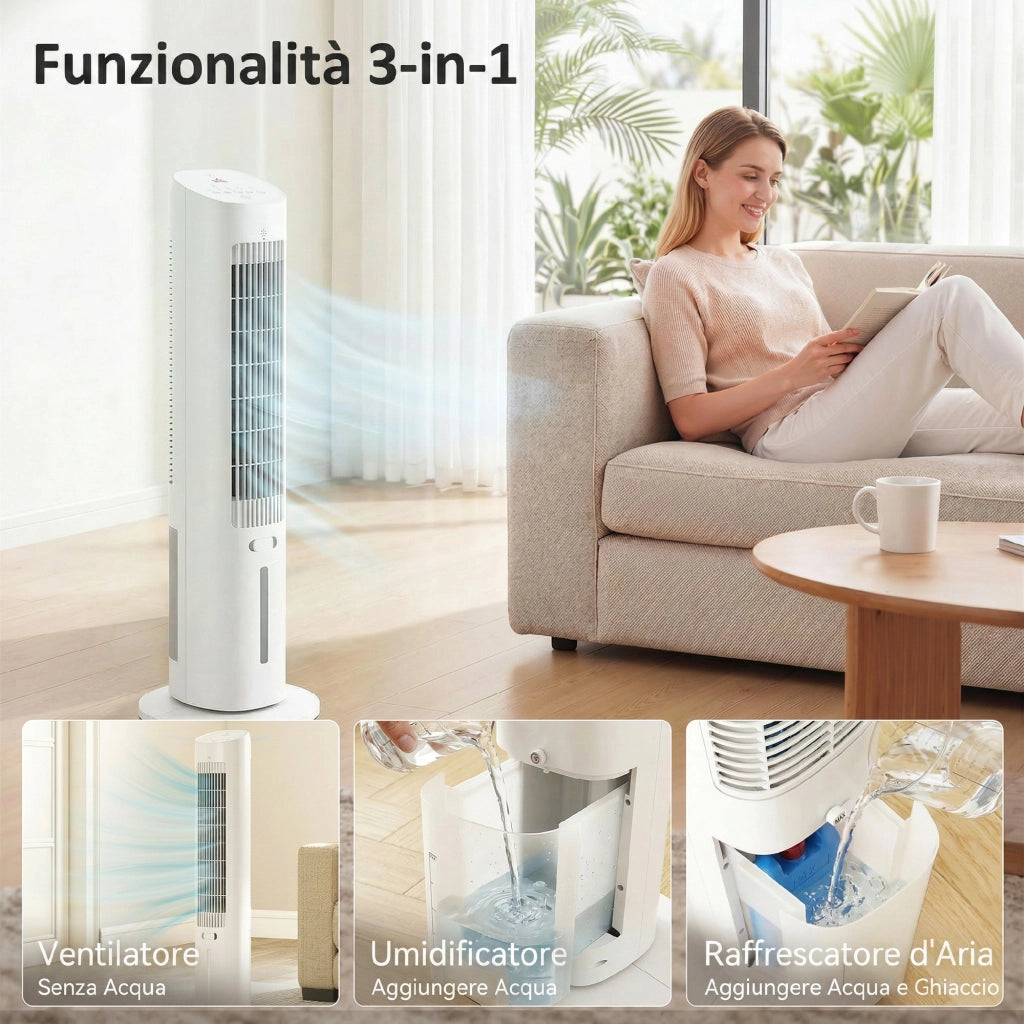 Raffrescatore d'Aria 3-in-1, Torre, Serbatoio 3 Litri, Portatile, Bianco.