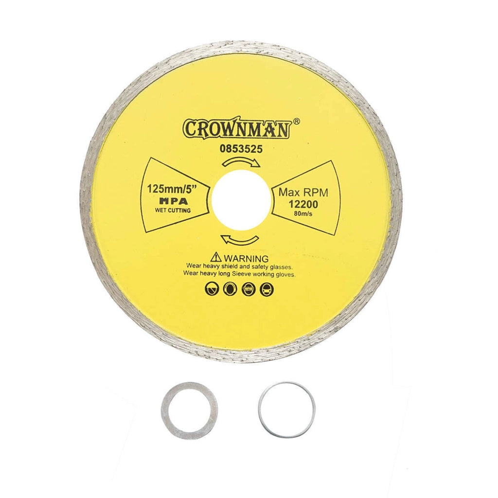 Disco diamantato continuo 125x22.23 mm, velocità massima 12.200 giri/min, taglio a umido per pietra, ceramica, granito, gres e marmo, Crownman