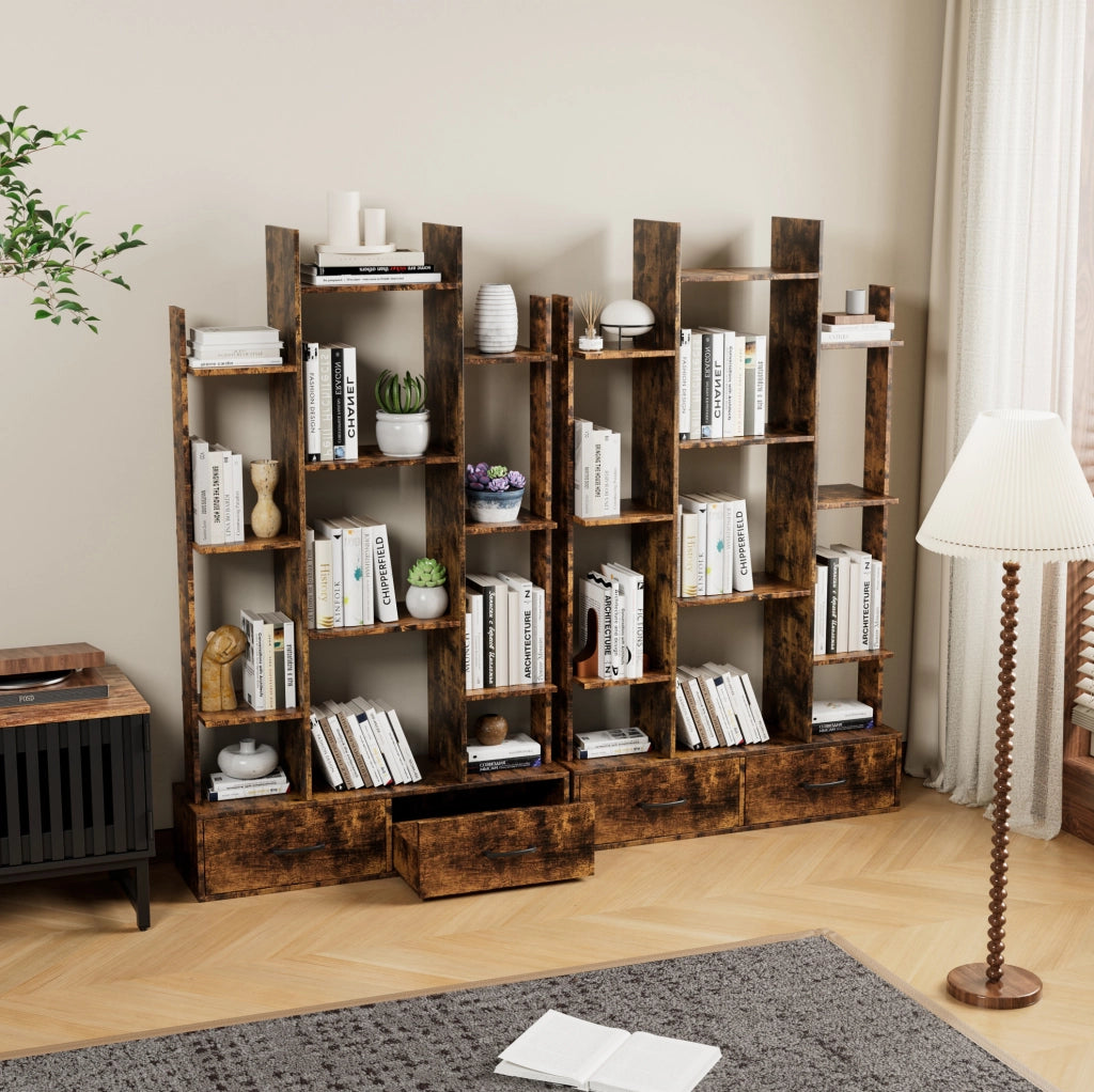Libreria ad albero con 12 ripiani aperti e 2 cassetti