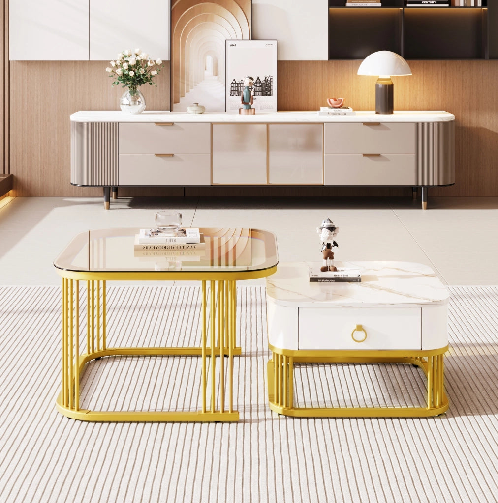 Set 2 tavolini da salotto a incastro con cassetti bianco e oro