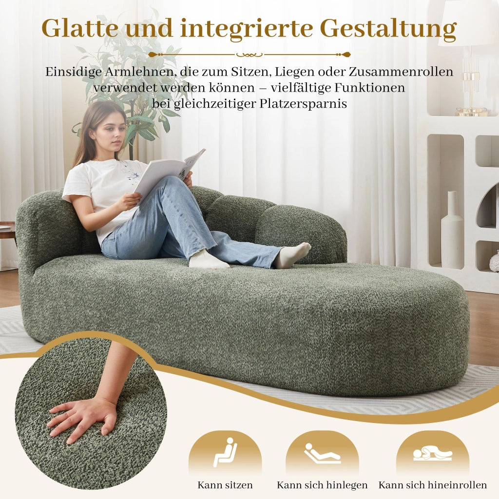 Méridienne curva con schienale ondulato e design senza braccioli per soggiorno e lettura in chenille verde salvia