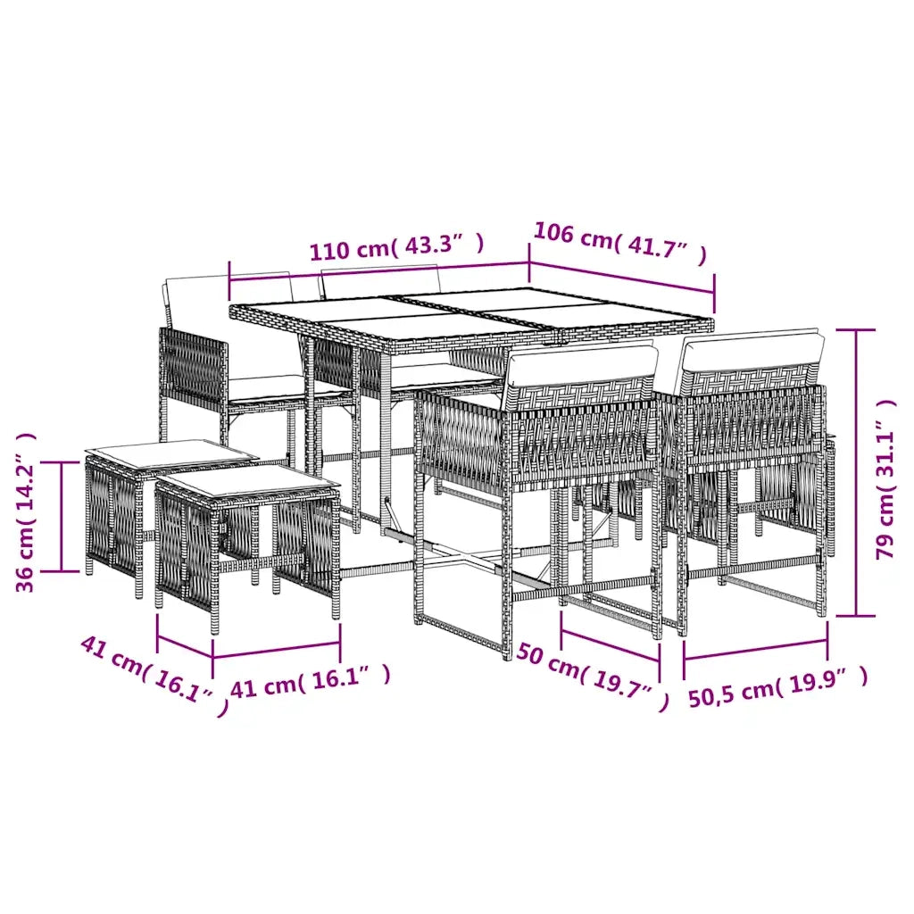 Set da Pranzo da Giardino 9 pz con Cuscini in Polyrattan Grigio 3211502