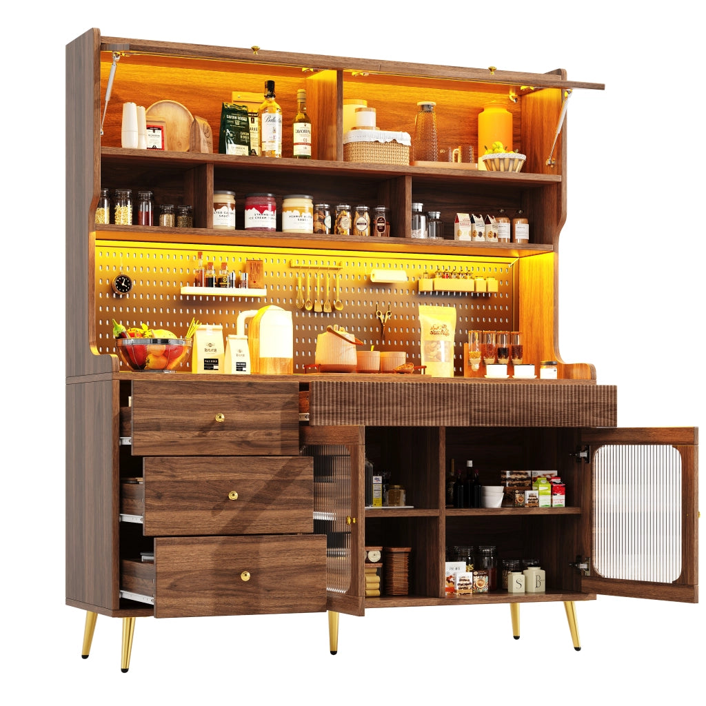 Mobile Alto Multiuso con LED, Cassetto e Ripiani in Vetro ¨C Xylo ¨C Noce, 145x39x171